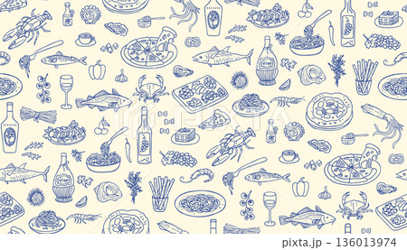 Mediterranean Doodle Food Seamless Pattern Italian Spanish Cuisine Hand Drawn Cooking Background 136013974