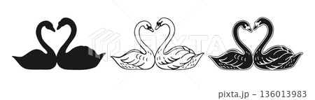 Swans Hand Drawn Sketch Doodle Or Silhouette Style Set Romantic Wedding Symbol Love Couple Of Birds 136013983