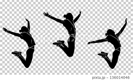 身穿連帽衫的女性跳躍剪影。一組充滿活力的姿勢向量插圖。 身穿連帽衫的女性跳躍剪影。一組充滿活力的姿勢向量插圖。 136014046