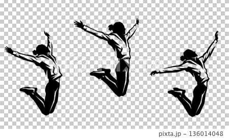 身穿連帽衫的女性跳躍剪影。一組充滿活力的姿勢向量插圖。 身穿連帽衫的女性跳躍剪影。一組充滿活力的姿勢向量插圖。 136014048