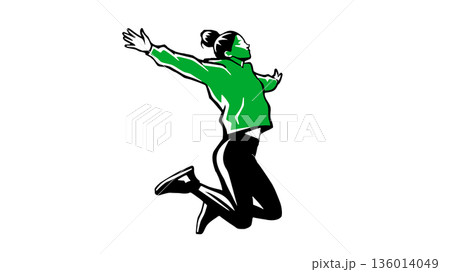 緑のパーカーを着てジャンプする女性　カラーのシルエット風ベクターイラスト 136014049