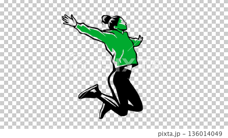 緑のパーカーを着てジャンプする女性　カラーのシルエット風ベクターイラスト 136014049