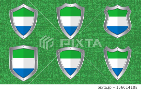 Set of metal shields with the Sierra Leone flag Set of metal shields with the Sierra Leone flag 136014188