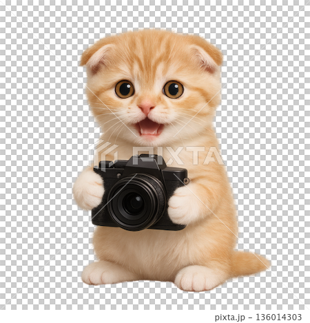 A white-brown kitten holding a camera - A gentle illustration of a cat cherishing memories 136014303