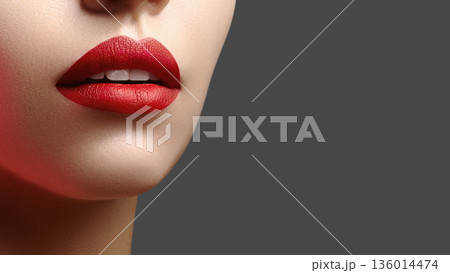 CloseUp Glossy Red Lips With Glitter, StudioLit Portrait Showing Sensual Pout, Smooth Skin Texture, Shimmering Pigment On Lower Lip, Subtle Shadow On Chin, Neutral Grey Background, Beauty Campaign 136014474