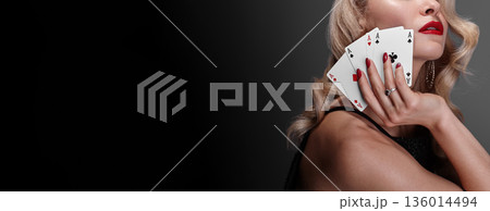 Glamorous White Woman Holding Cards In Moody Studio Lighting, Red Nails, Diamond Ring, Bold Red Lipstick, Confident Expression, Fashion Forward Styling, Cinematic Casino Vibe, Suspenseful Luxury 136014494