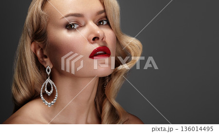 Dewy Cosmetics Closeup Focusing On Luminous Skin And Makeup Finish, Hydrated Complexion, Glossy Lips, Defined Cheekbone Highlight, Visible Skin Texture, Advertising Ready Styling, Polished Earring 136014495