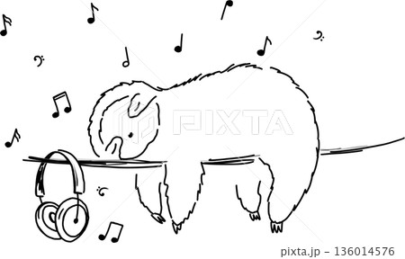 Cute sleeping sloth doodle illustration. Baby sloth listening to the music, headphones 136014576