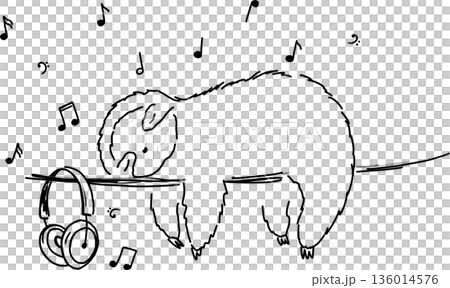 Cute sleeping sloth doodle illustration. Baby sloth listening to the music, headphones 136014576