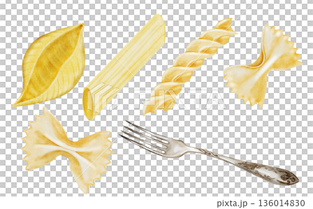 Pasta watercolor big set. Hand drawn different italian macaroni and fork on white background. Food clip art. Ideal for pasta packaging, restaurant menus and posters 136014830