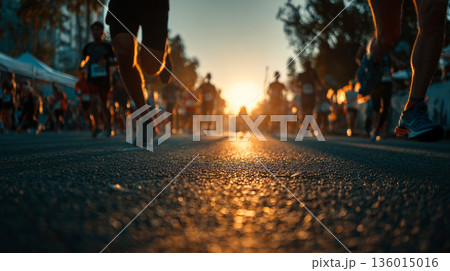 Intentionally blurred, unrecognizable group of marathon runners starting a race on a sunrise. 136015016