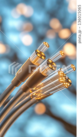 Bundle of optical fibers with lights in the ends. An abstract image features dynamic energy waves. AI Generated. 136015065