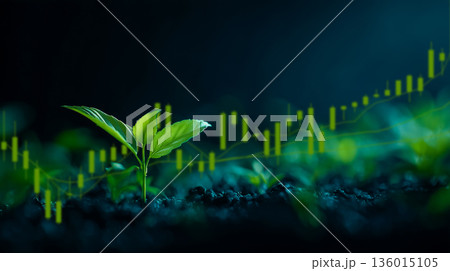 サステナブル経済成長の象徴としての若葉とチャート 136015105