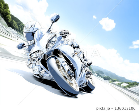 サーキットを高速走行するスポーツバイク｜スピード感あふれるバイクレースイメージ 136015106