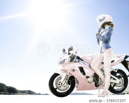 ピンクのスポーツバイクに乗る女性ライダー｜爽やかな青空とバイクライフのイメージ 136015107