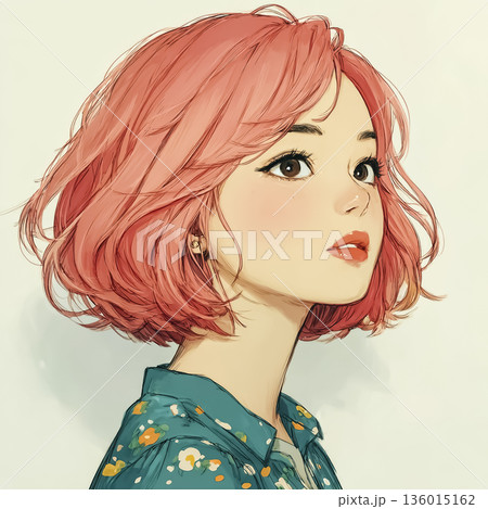 絵美シリーズ：ピンクボブの若い女性ポートレート｜やさしい表情のペーパーカット風プロフィールイラスト 136015162