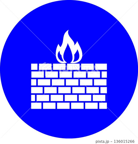 Firewall Icon on Blue Circular Background Featuring a Brick Wall and Flame Silhouette for Network Security Cyber Protection and Data Safety Concept 136015266