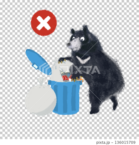 ゴミ箱を荒らすクマの注意イラスト｜ゴミ出し禁止・マナー啓発・赤いバツマーク 136015709