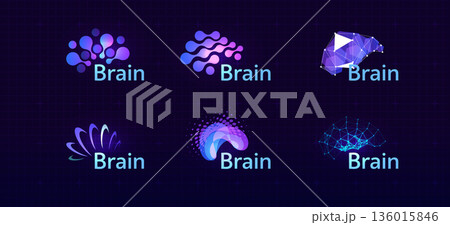 Brain Logo Icon Smart Digital Transformation Symbol AI Artificial Intelligence Computer Neural Science Research Technology. Abstract Creative Future Brains Set Logos Purple Color. Vector Illustration 136015846