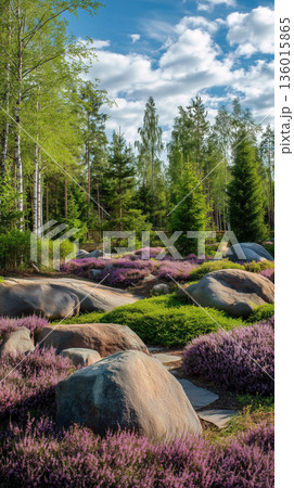 Natural landscape with vibrant flowers and stones under a blue sky Natural landscape with vibrant flowers and stones under a blue sky 136015865