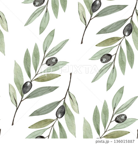 Seamless olive branch pattern in soft watercolor style on white background. Perfect for Lent, Palm Sunday, calm religious design for church materials, invitations, posters, faith-based print projects 136015887