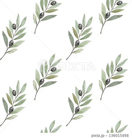 Seamless olive branch pattern in soft watercolor style on white background. Perfect for Lent, Palm Sunday, calm religious design for church materials, invitations, posters, faith-based print projects 136015898