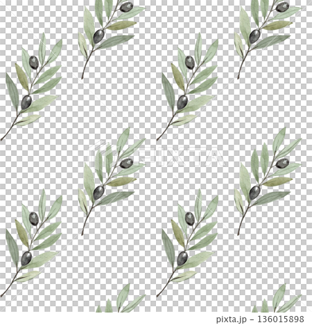 Seamless olive branch pattern in soft watercolor style on white background. Perfect for Lent, Palm Sunday, calm religious design for church materials, invitations, posters, faith-based print projects 136015898
