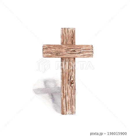 Wooden cross with leaning shadow isolated. Minimal watercolor illustration perfect for Christian design, church graphics, devotional layouts, posters, covers and calm religious visual content. Texture 136015900