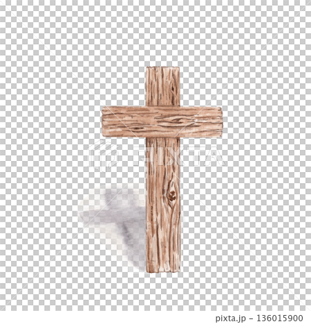 Wooden cross with leaning shadow isolated. Minimal watercolor illustration perfect for Christian design, church graphics, devotional layouts, posters, covers and calm religious visual content. Texture 136015900