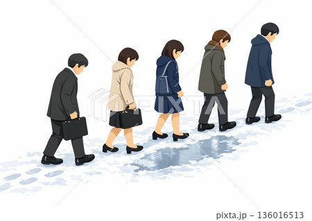 雪道を一列に並んで歩く通勤、通学風景 Generative AI 雪道を一列に並んで歩く通勤、通学風景 Generative AI 136016513