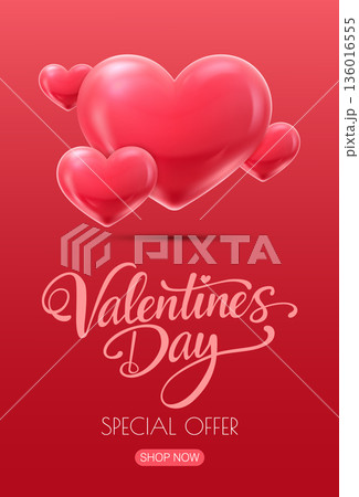Valentines Day Sale Poster with 3D Hearts Valentines Day Sale Poster with 3D Hearts 136016555