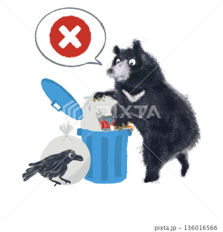 ゴミ箱を荒らすクマとカラスの注意イラスト|吹き出し付き・ゴミ出し禁止・赤いバツマーク ゴミ箱を荒らすクマとカラスの注意イラスト|吹き出し付き・ゴミ出し禁止・赤いバツマーク 136016566