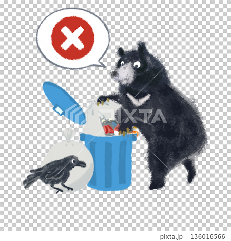 ゴミ箱を荒らすクマとカラスの注意イラスト|吹き出し付き・ゴミ出し禁止・赤いバツマーク ゴミ箱を荒らすクマとカラスの注意イラスト|吹き出し付き・ゴミ出し禁止・赤いバツマーク 136016566