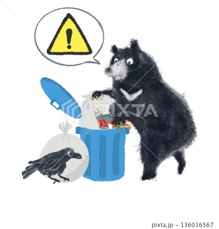 ゴミ箱を荒らすクマとカラスの注意イラスト|吹き出し付き・野生動物注意・黄色三角マーク ゴミ箱を荒らすクマとカラスの注意イラスト|吹き出し付き・野生動物注意・黄色三角マーク 136016567