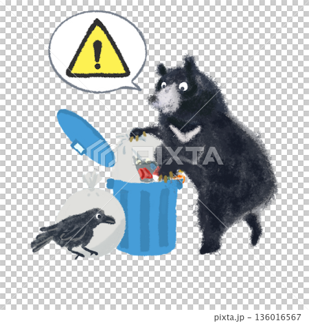 ゴミ箱を荒らすクマとカラスの注意イラスト|吹き出し付き・野生動物注意・黄色三角マーク ゴミ箱を荒らすクマとカラスの注意イラスト|吹き出し付き・野生動物注意・黄色三角マーク 136016567