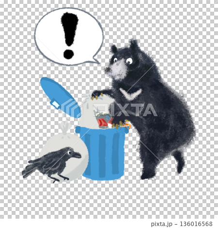 Warning illustration of bears and crows rummaging through trash cans | Speech bubbles, wild animal sighting warning, exclamation marks Warning illustration of bears and crows rummaging through trash cans | Speech bubbles, wild animal sighting warning, exclamation marks 136016568