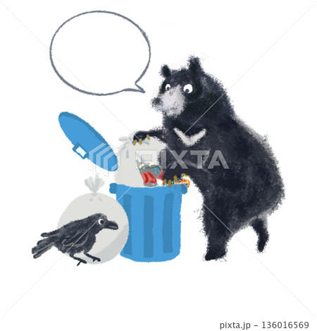ゴミ箱を荒らすクマとカラスの注意イラスト|吹き出し付き・ゴミ出しマナー啓発 ゴミ箱を荒らすクマとカラスの注意イラスト|吹き出し付き・ゴミ出しマナー啓発 136016569