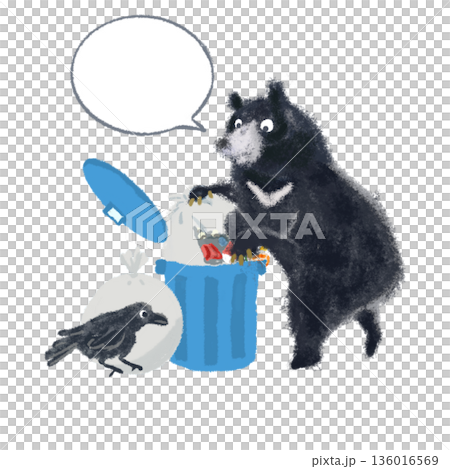 ゴミ箱を荒らすクマとカラスの注意イラスト|吹き出し付き・ゴミ出しマナー啓発 ゴミ箱を荒らすクマとカラスの注意イラスト|吹き出し付き・ゴミ出しマナー啓発 136016569