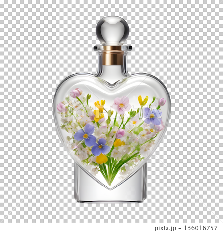 Heart Shaped Glass Bottle with Spring Wildflowers Heart Shaped Glass Bottle with Spring Wildflowers 136016757