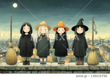 夜の街を見下ろす魔女の子どもたち｜ファンタジー童話風イラスト・友情と冒険 136016790