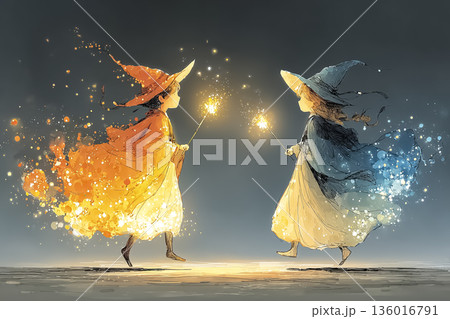 光と炎の精霊と踊る魔女の少女｜幻想的ファンタジーイラスト 136016791
