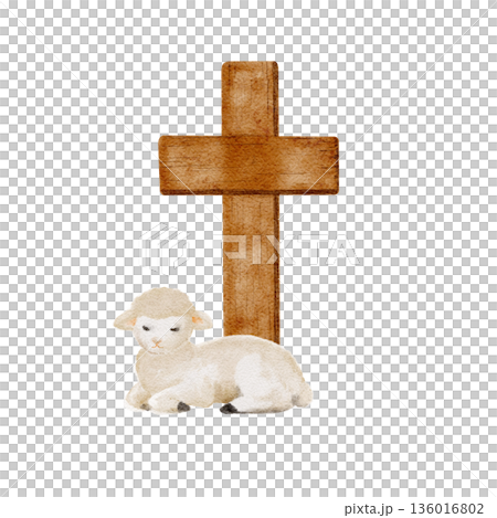 Lamb resting near wooden cross watercolor illustration on white background, Christian Easter clip art for church materials, religious prints, faith-based design, and worship visuals.Soft natural tones 136016802