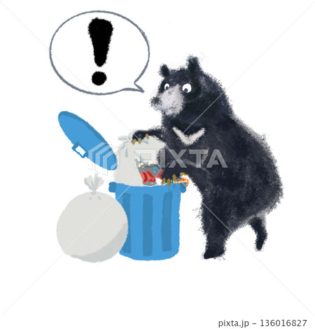 ゴミ箱を荒らすクマとカラスの警告イラスト｜吹き出し付き・野生動物出没注意・ビックリマーク 136016827