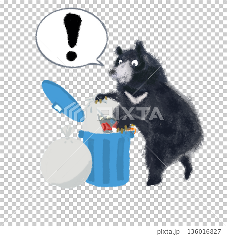 ゴミ箱を荒らすクマとカラスの警告イラスト｜吹き出し付き・野生動物出没注意・ビックリマーク 136016827