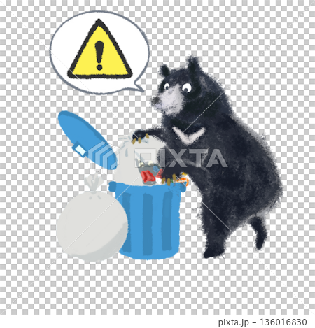 警示插圖：一隻熊正在偷垃圾桶 | 對話框、野生動物警告、黃色三角形標記 136016830