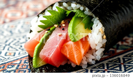 Vibrant Japanese style. a temaki handroll with its nori wrapper partially open, revealing a burst of colorful ingredients inside - pink fish, green avocado, rice  136016849