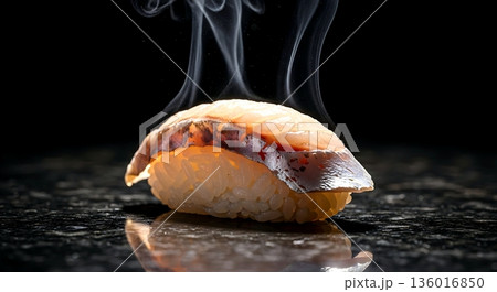 rice grains fusion point in nigiri, where warm rice meets cool fish, with microscopic steam rising, on dark granite surface  136016850