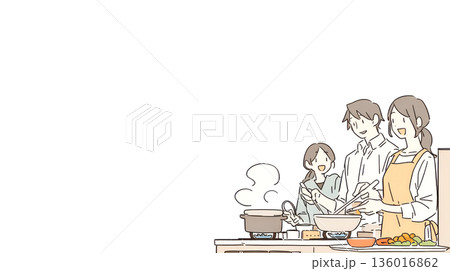 台所で料理をするお母さんとお父さん 136016862