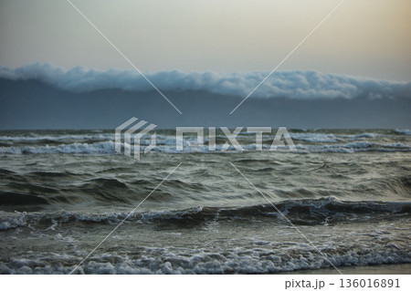 the sea under the mountain on a summer day Vlora, Albania, photographed on August 2025. 136016891