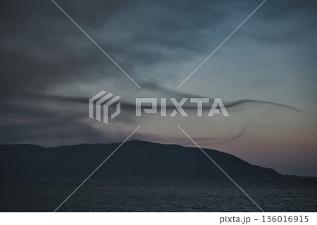 the sea under the mountain on a summer day Vlora, Albania, photographed on August 2025. 136016915